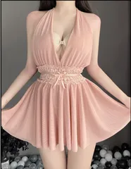 バックオープン　ミニワンピース　スリップ　レース　チュール　セクシーランジェリー　ベビードール　ピンク　Tバック付き　フリーサイズ（S～Lサイズ）