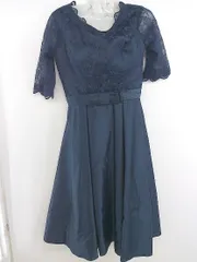 ◇ ノーブランド レース 切替 フォーマル 五分袖 膝下丈 ワンピース サイズXL ネイビー レディース E  【1301230001782】