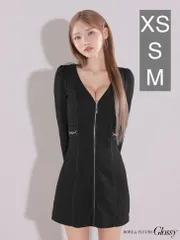 ブラック  [GL3907-B-2411]XSサイズあり【ROBE de FLEURS Glossy/ローブ・ド・フルール グロッシー】センタージップデザイン/ ロングスリーブ/ シンプル/ ミニドレス/ キャバドレス