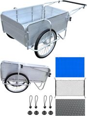 【専用マット&ネット&ブルーシート】リヤカー アルミ製 折畳み式 ノーパンクタイヤ 耐荷重150kg 手押し 折りたたみ 収穫台車 キャリー 農作業 荷車 防災 震災 災害 家庭菜園