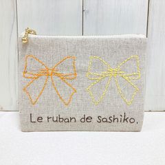 《送料無料》ミニポーチ【リボン】　刺し子・綿麻・帆布