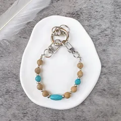 【SALE】4wayビーズキーチェーン（ウッド×ターコイズ）キーホルダー キーリング キーチャーム 鍵 便利アイテム