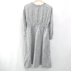 ◇ ehka sopo エヘカ ソポ 花刺繍 表地コットン100％ 長袖 膝丈 ワンピース サイズF グレー レディース E  【1402200014785】
