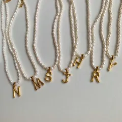パールバンブーイニシャルネックレス　 ゴールド  　18k