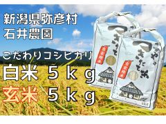 新潟県弥彦村石井農園　令和5年産コシヒカリ【白米5kg、玄米5kg　食べ比べセット】