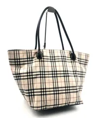 ■良品■BURBERRY BLUE LABEL バーバリーブルーレーベル　ノバチェック総柄　舟形トートバッグ　キャンバス×レザー ベージュ×ブラック　三陽商会　日本製　ナイロン、牛革