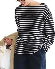 グリーンパキラ オフィスカジュアル レディース トップス カットソー ボーダー 長袖 レディーストップス ボーダーtシャツ プルオーバー ボートネック 女性 ファッション 服 ドロップショルダー 通勤 普段着 重ね着(黒x白ボーダー,  M)