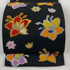 振袖に　明るい銀　花尽くし　正絹袋帯　k166 振袖に 明るい銀 花尽くし 正絹袋帯 k166