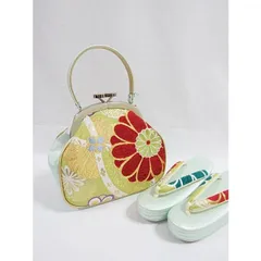新品 アウトレット 西陣高級錦帯地使用 がま口バック草履セット／日本製 淡若草色 金 赤 菊花文☆お薦めです