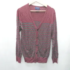 ◇ nano universe ナノユニバース ボーダー柄 長袖 カーディガン サイズL ボルドー グレー レディース E  【1407180012097】