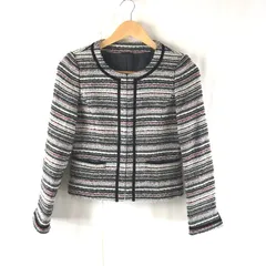 アナイ ANAYI ジャケット ツイード ボーダー ラメ ベロア スリット袖 ポケット 日本製 白 黒系 36サイズ 948490