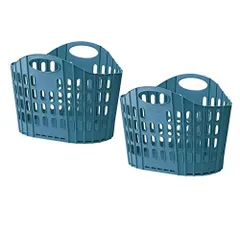 ブルー_2個組 セイエイ 【折りたためるランドリーバスケット ブルー2個組】 洗濯かご ランドリーバッグ 収納バスケット 脱衣かご 防水 折りたたみ 取っ手付き 55×38×39cm 120355