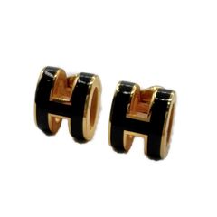 エルメス(HERMES) ポップアッシュ ミニ ピアス 黒 ラッカーメタル ゴールド金具 新品同様 レディース アクセサリー ピアス