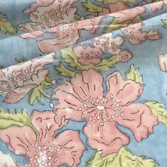 インド ブロックプリント生地 [50cm単位切り売り]Sanganeri ピンクアネモネ onブルー 花 フラワー 芍薬