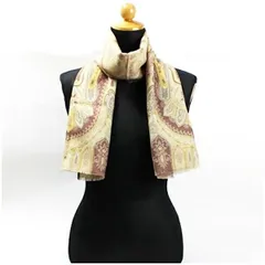 エトロ ウール シルク ストール 長方形 ベージュ×ブラウン ペイズリー柄