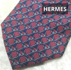 HERMES エルメス プリントネクタイ ボルドー×ネイビー 《1021-18》