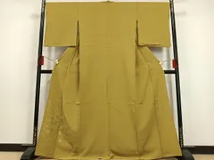 平和屋着物▽付下げ　単衣　中国三大刺繍　汕頭刺繍　スワトウ刺繍　草花文　芥子色　やまと誂製　正絹　逸品　AAAS1450oa