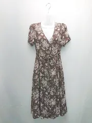 ◇ COCO DEAL 花柄 Vネック 前ボタン ウエストマーク 半袖 ロング ワンピース サイズ③ ブラウン レディース E 【1307040079058】