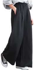 Fiorior フィオリア ワイドパンツ ゆったり ロング丈 ガウチョパンツ 春 夏 ウエストゴム 無地 レディース( ブラック,  Free Size)