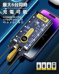 モバイルバッテリー  22.5W対応 PD20W 急速充電 真20,000mAh 4本ケーブル内蔵 6台同時充電 PSE技術適合品 LCD電量残量表示 iPad/iPhone/Android全種機器対応  軽量機内持ち込み可能安全設計＆回路保護