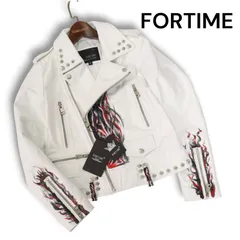 新品 未使用★ FORTIME フォータイム ペイント加工 本革 リアル レザー ダブル ライダース ジャケット Sz.M　レディース 白