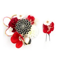 髪飾り 成人式 水引 つまみ細工 赤 振袖 前撮り 袴 花 2点セット 白 黒 ゴールド ちりめん 剣つまみ 玉飾り 和柄 ラインストー No.12-0345