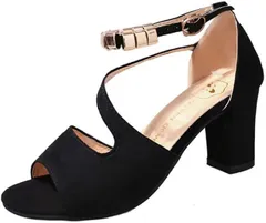 AQUA Marine チャンキーヒール サンダル レディース スエード オープントゥ アンクルストラップ 美脚 安定感 痛くなりにくい設計 ドレス＆カジュアル併用 結婚式 パーティー(ブラック,  24.0 cm)