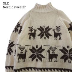 【ハンドニット】古着 ハイネック ノルディックセーター オフホワイト デザインニット