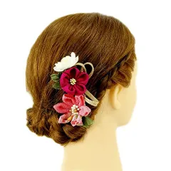 髪飾り 成人式 つまみ細工 振袖 前撮り 袴 浴衣 夏祭り 花火大会 豪華2点セット ピンク 赤紫 白 ゴールド ちりめん 組紐 パー No.9-3622