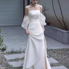 新品 未使用 高級サテン ウェディングドレス 前撮りドレス  マーメイド ウエディングドレス 二次会ドレス花嫁 オフショルダー オフショル 袖あり 前撮り ドレス 花嫁かわいい 花嫁二次会ドレス フォトウェディング セルフ 可愛い シンプル 後撮り 結婚式