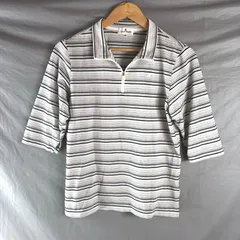 クレージュ Courreges カットソー 七分袖 ジップ ボーダー ロゴ刺繍 スリット袖 綿 黒 白系 42サイズ 949828