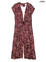 古着 TARETI レイヤード風 アメリカ製 リボン 花柄 ロング丈 半袖 オールインワン 黒 ピンク紫 (otu2407088)