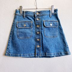 アメリカンイーグル アウトフィッターズ AMERICAN EAGLE OUTFERS ミニスカート デニム  ジーンズ 無地 刻印ボタン メタルボタン y2k ロゴパッチ 刺繍 台形 ストレッチ インディゴ ウォッシュ 加工