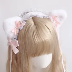 猫耳 ピンク ホワイト フリルレース ヘッドドレス ロリータ 髪飾り ハロウィン　コスプレ ガーリー ふわふわ C198