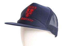 デッドストック 80s カレッジ プリント メッシュ ベースボール キャップ フリーサイズ 帽子 80年代 ヴィンテージ オックスフォード 大学 紺