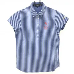 ★値下げ★【超美品】パーリーゲイツ 半袖ポロシャツ ブルー×白 ストライプ サッカー生地 レディース 1(M) ゴルフウェア 2023年モデル PEARLY GATES
