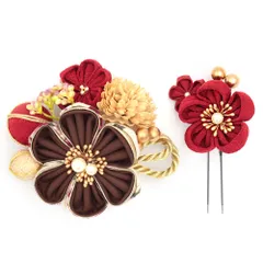 髪飾り 成人式 つまみ細工 振袖 前撮り 袴 花 赤 茶色 ベージュ ゴールド ちりめん パール ビーズ 組紐 玉飾り 小さい 2点セッ No.12-1005
