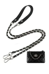 【在庫処分】[VEAGIA] ショルダースト ショルダーストラップ バッグ用 チェーンショルダーストラップ ショルダーバッグ ひも バッグ修理 交換用 持ち手ストラップ ショルダースト 単品 ラップ バッグ用 約120cm (レザー(一部) 黒＋銀)