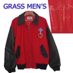 GRASS MEN'S GM　スタジャン　DEVIL デビル　レッド×ブラック　フリーサイズ　牛革　グラスメンズ　スタジアムジャンパー　メンズ　古着　レア