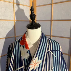 着物　身丈167cm　ポリエステル　青　花柄　小紋　レディース　モダン　洗える着物