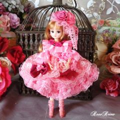桜祭りセール★ロリータロマンス リカちゃんブライス専用ピンクルージュのロマンティックドールドレス豪華4点セット