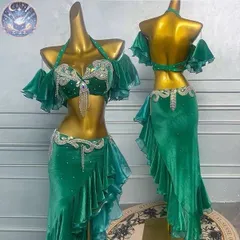 新品 未使用 ベリーダンス オリエンタル衣装 ブラ スカート オリエンタル オーダーメイド グリーン