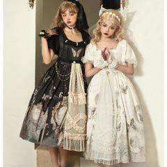 ロリータドレス 蝶 チョウ 可愛い ロリータ ワンピース 半袖 ミモレ丈 ロング丈 お姫様 ゴシック ロリータ服 レース フリル リボン チェーン付き レディース 大