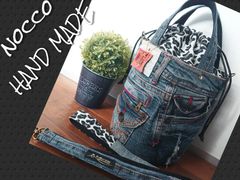No.625【DENIM✖️leopard 丸底巾着バケツ型Bag✨】デニムリメイクトートバッグ👖ヒョウ柄💜
