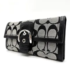 ✨美品✨ COACH コーチ 三つ折り 財布 長財布 ロングウォレット バックル フラップ シグネチャー 総柄 ロゴ型押し シルバー金具 キャンバス レザー レディース グレー 灰色 ブラック 黒色