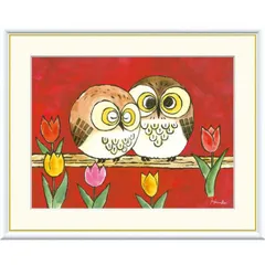 高精細デジタル額装版画 現代アート Hinako しあわせのふくろう 日菜子 (ひなこ) 「 はなやぎ 」 サイズ F8号