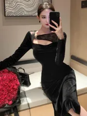 【美しいワンピース】上質なベロア素材♪結婚式やパーティーに最適！ロング丈