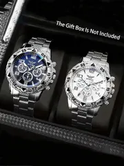 腕時計 メンズ セット メンズファッション 3眼数字スケール クォーツ腕時計 スチールバンド 2個セット、スタイリッシュで多用途、フェスティバル、パーティー、日常使いに適し、メンズへの最高の贈り物。