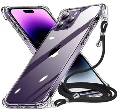 【新着商品】iPhone 14 Pro ケース クリア ネック ショルダー ストラップ付き iPhone14 Pro スマホケース アイフォン14 Pro カバー 耐衝撃 薄型 軽量 TPUスマホ シリコン カバー 紐付き 斜めがけ 織りストラップ付き 肩掛け