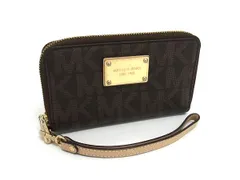 ■美品■ MICHAEL KORS マイケルコース PVC 総柄 ラウンドファスナー  財布 ウォレット 小銭入れ  ブラウン系 DG9337